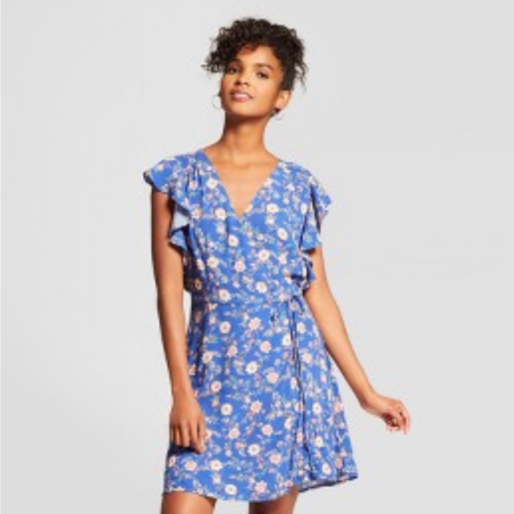 Womens Floral Print Short Sleeve Ruffle Wrap Dress - Xhilaration™ Cobalt Blue M